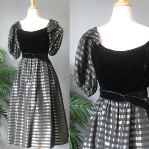 Vintage 1980s Poufy Vevlet and Satin party dress black striped off shoulder